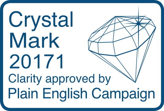 Crystal Mark 20171. Clarity approved by Plain English Campaign.