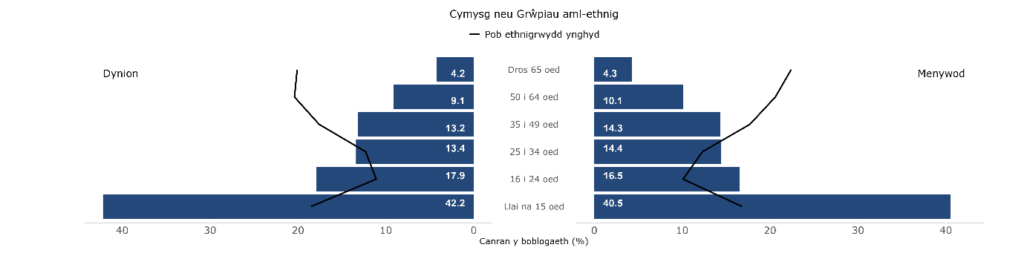 Dadansoddiadau poblogaeth ar gyfer pob grŵp ethnig wedi'u dadansoddi yn ôl rhyw a grŵp oedran yng Nghymru, 2021, Cymysg
