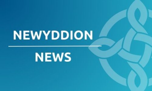 Logo for Newyddion News: white text on a blue gradient background with a light blue knot design on the right.