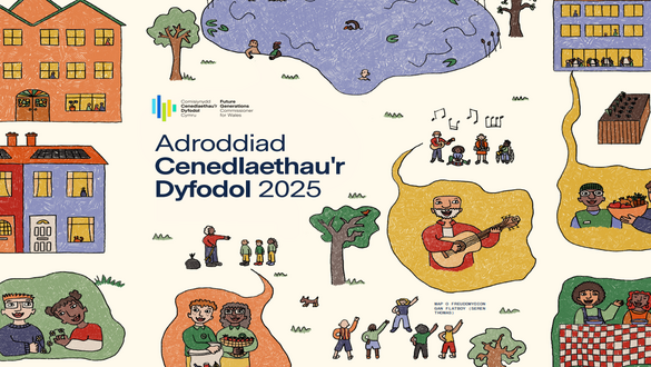 Cover image for Adroddiad Cenedlaethol Dyfodol 2025 with colorful community scenes around the title and Welsh logos.