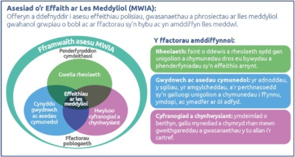 Informational Welsh poster about MWIA (Impact Assessment of Mental Health). Left side shows a circular concentric diagram with a green inner circle and blue outer rings, labeled in Welsh. Right side has three color‑coded information boxes (green, blue, purple) with Welsh explanations of phases or concepts related to the assessment.